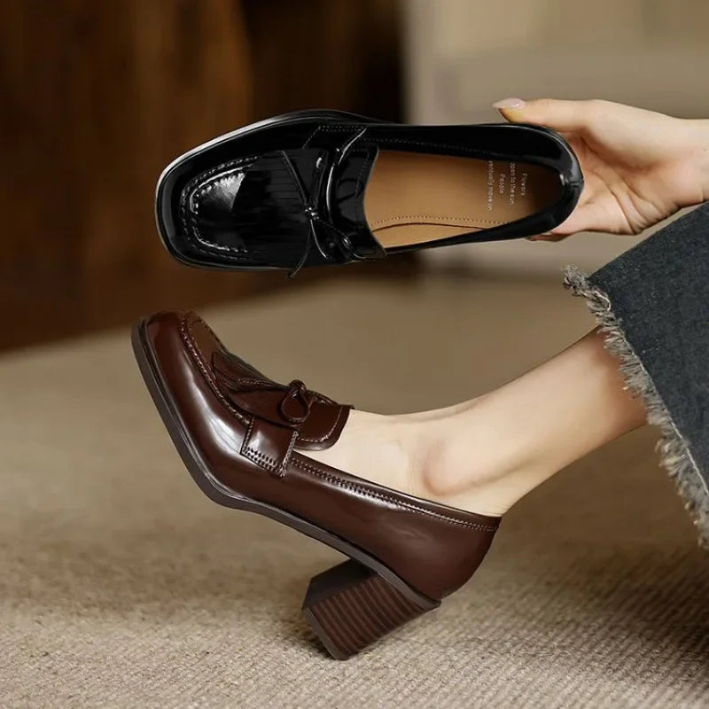Patent Leather Tassel Loafer Pumps – Block Heel Round Toe