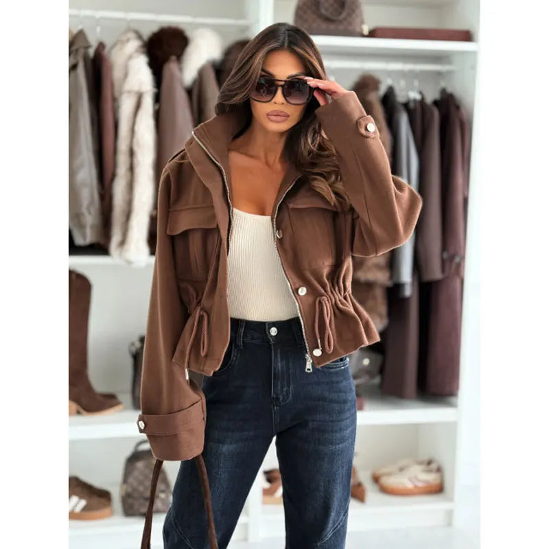 Cropped Utility Jacket – Drawstring Waist Zip-Up Long Sleeve