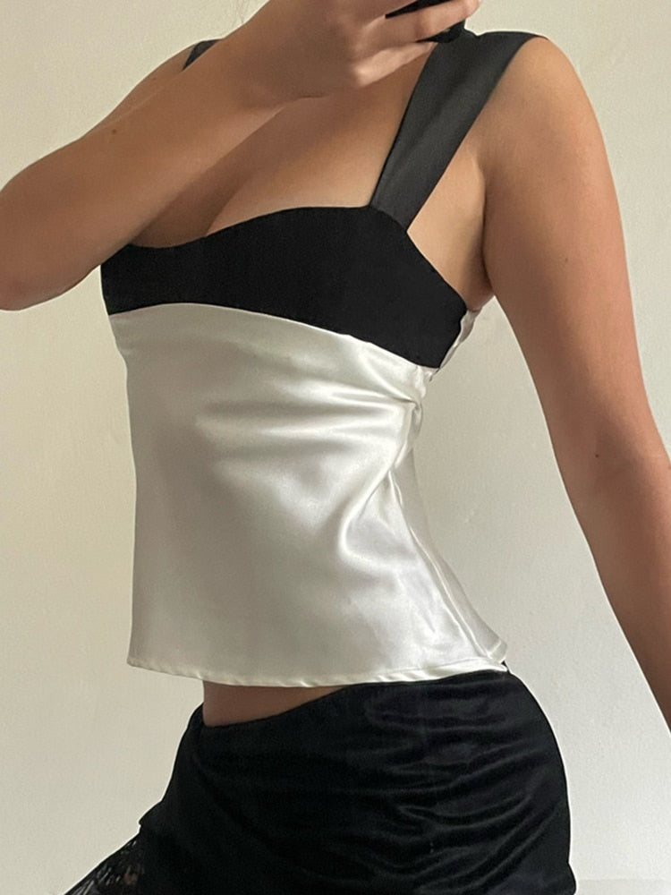 Satin Backless Crop Top – Two-Tone Plunge Neck Tie-Back