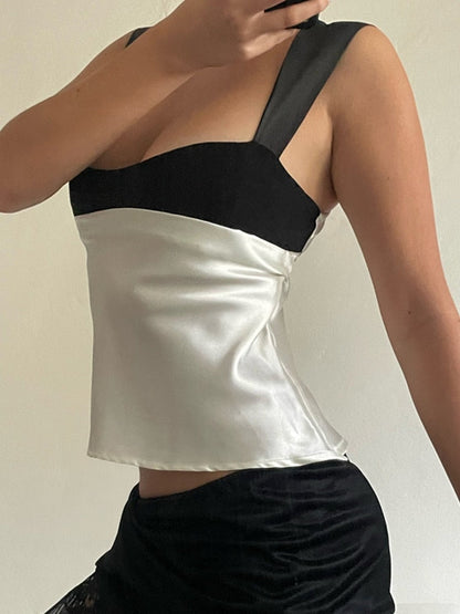 Satin Backless Crop Top – Two-Tone Plunge Neck Tie-Back