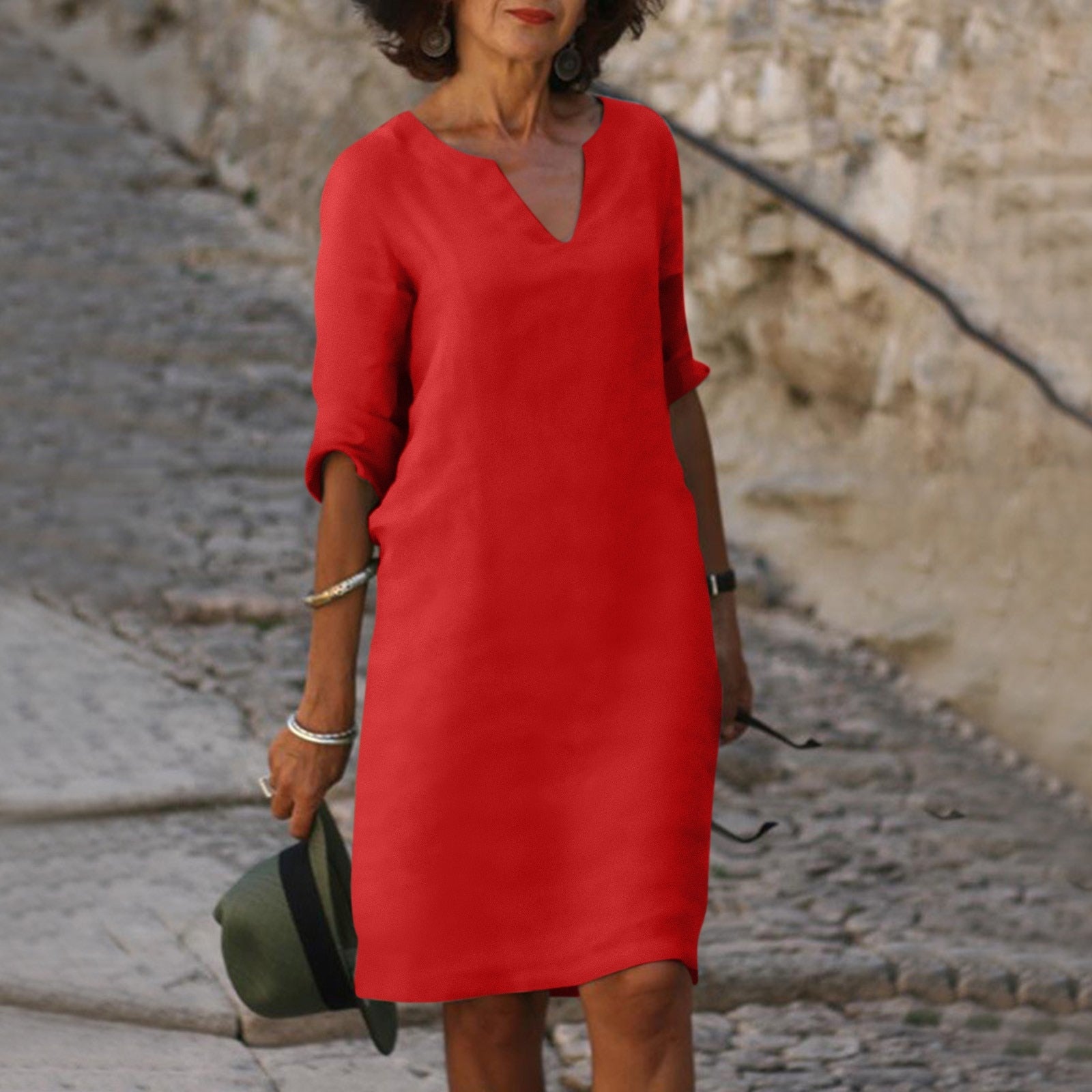 Women's V-Neck Short Sleeve Cotton Midi Dress – Casual Everyday Summer Dress