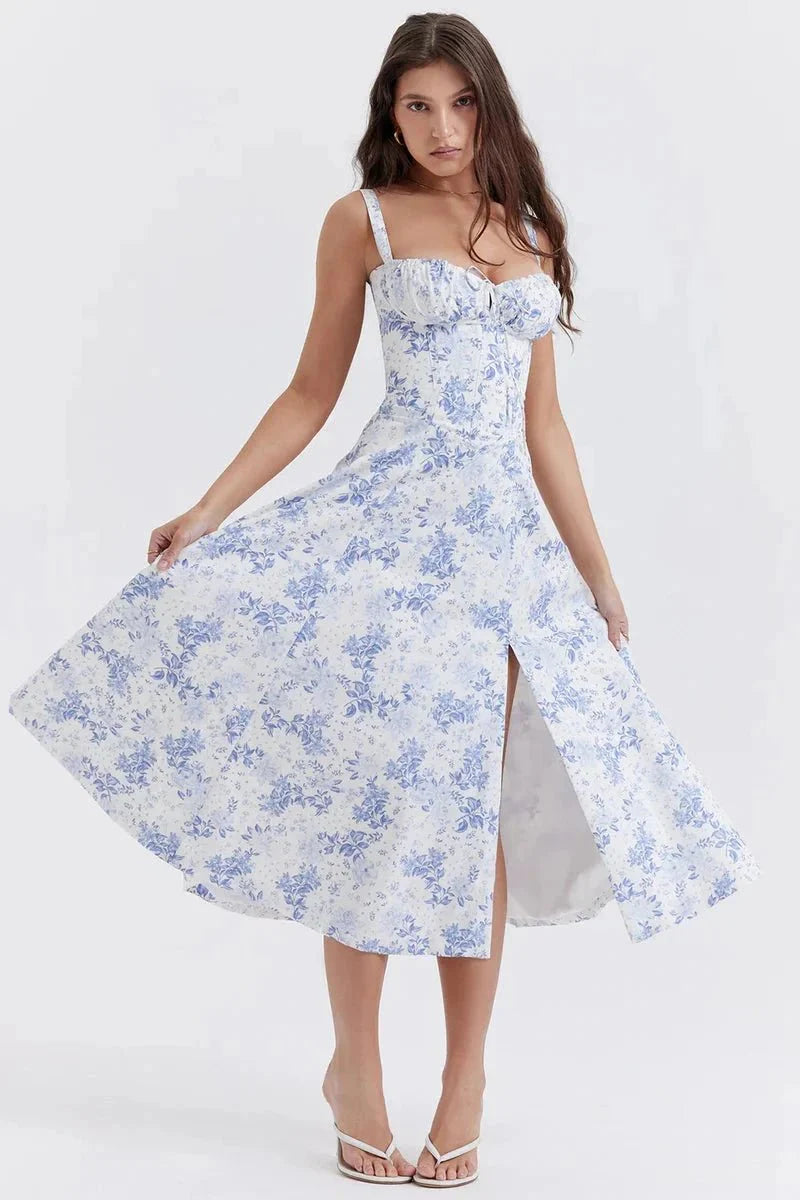 Women's Corset Bustier Midi Dress – Floral A-Line Summer Dress with Side Slit