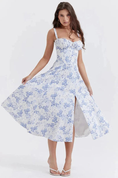 Women's Corset Bustier Midi Dress – Floral A-Line Summer Dress with Side Slit