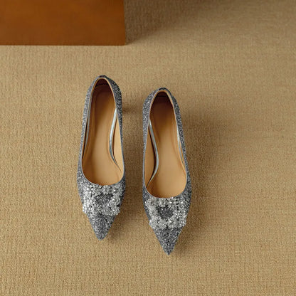Glitter Block Heel Pumps – Pointed Toe Rhinestone Party Heels