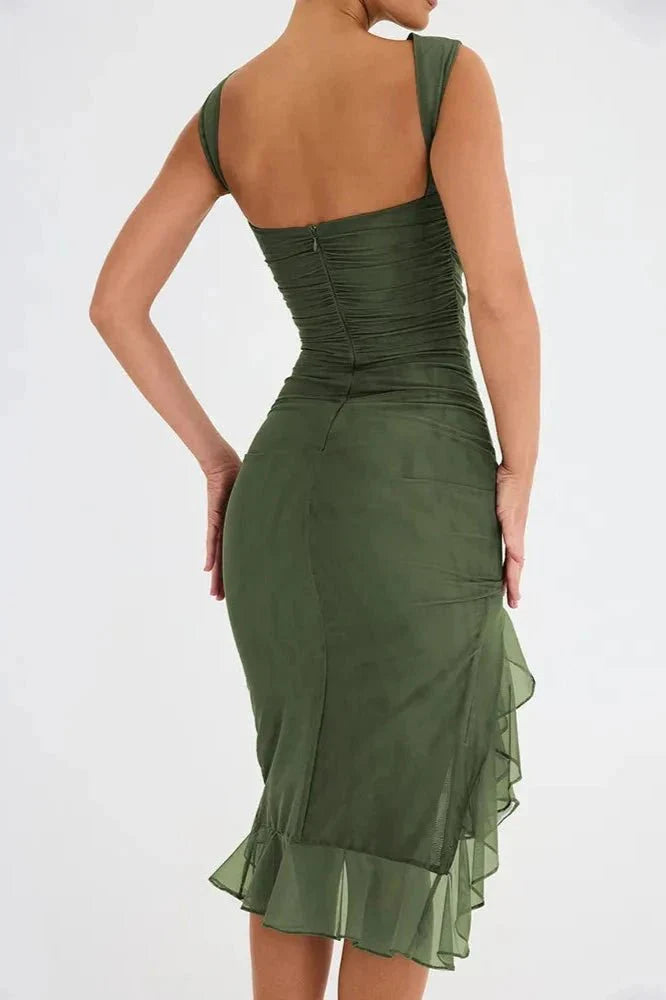 Women's Ruched Mesh Midi Dress – Sleeveless Bodycon with Ruffle Hem