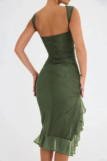 Women's Ruched Mesh Midi Dress – Sleeveless Bodycon with Ruffle Hem