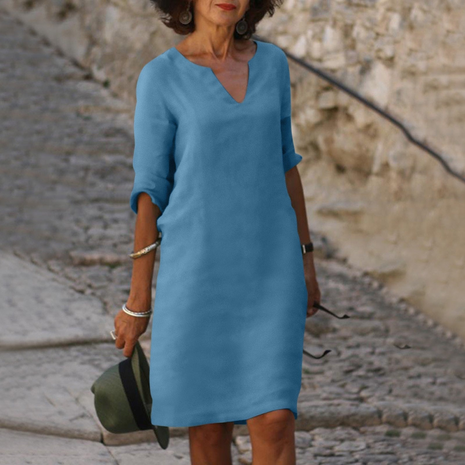 Women's V-Neck Short Sleeve Cotton Midi Dress – Casual Everyday Summer Dress