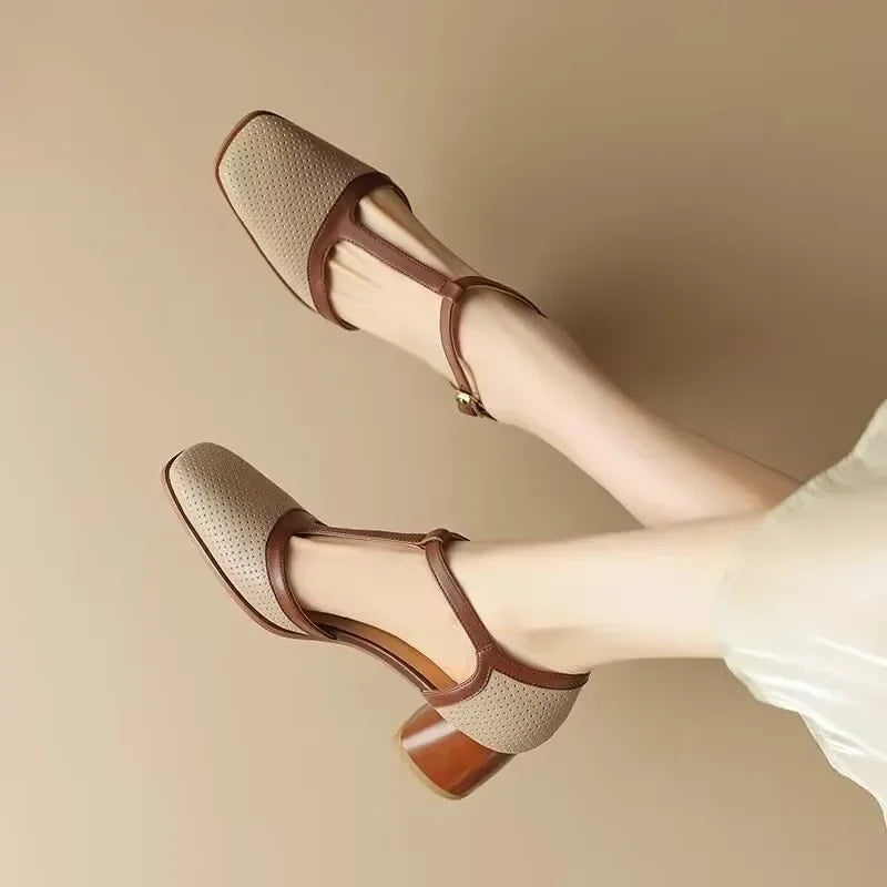 T-Strap Block Heel Pumps – Square Toe Two-Tone Mid Heel