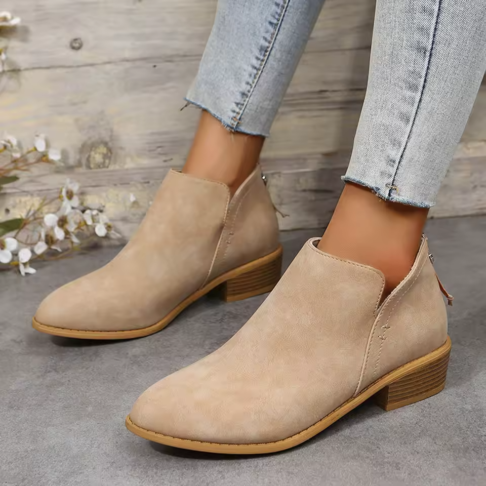 Pointed Toe Ankle Boots Block Heel – V-Cutout Back Zip Booties