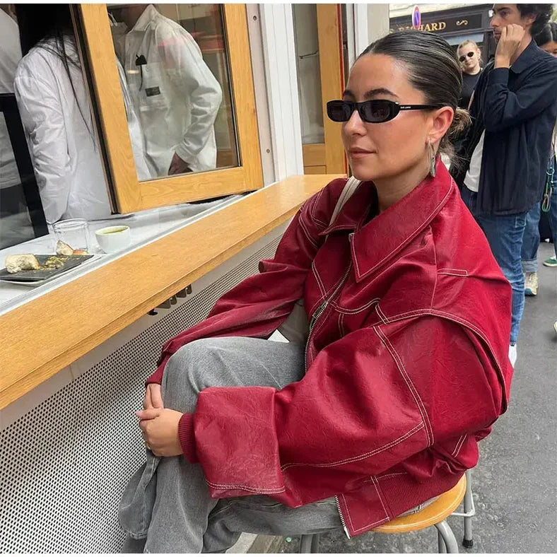 Oversized Faux Leather Bomber Jacket – Red Contrast Stitch Zip-Up