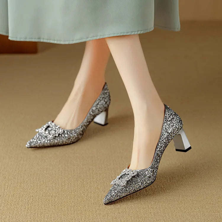 Glitter Block Heel Pumps – Pointed Toe Rhinestone Party Heels