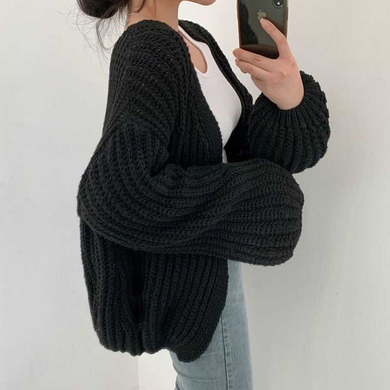 Chunky Knit Oversized Cardigan – Open Front Balloon Sleeve