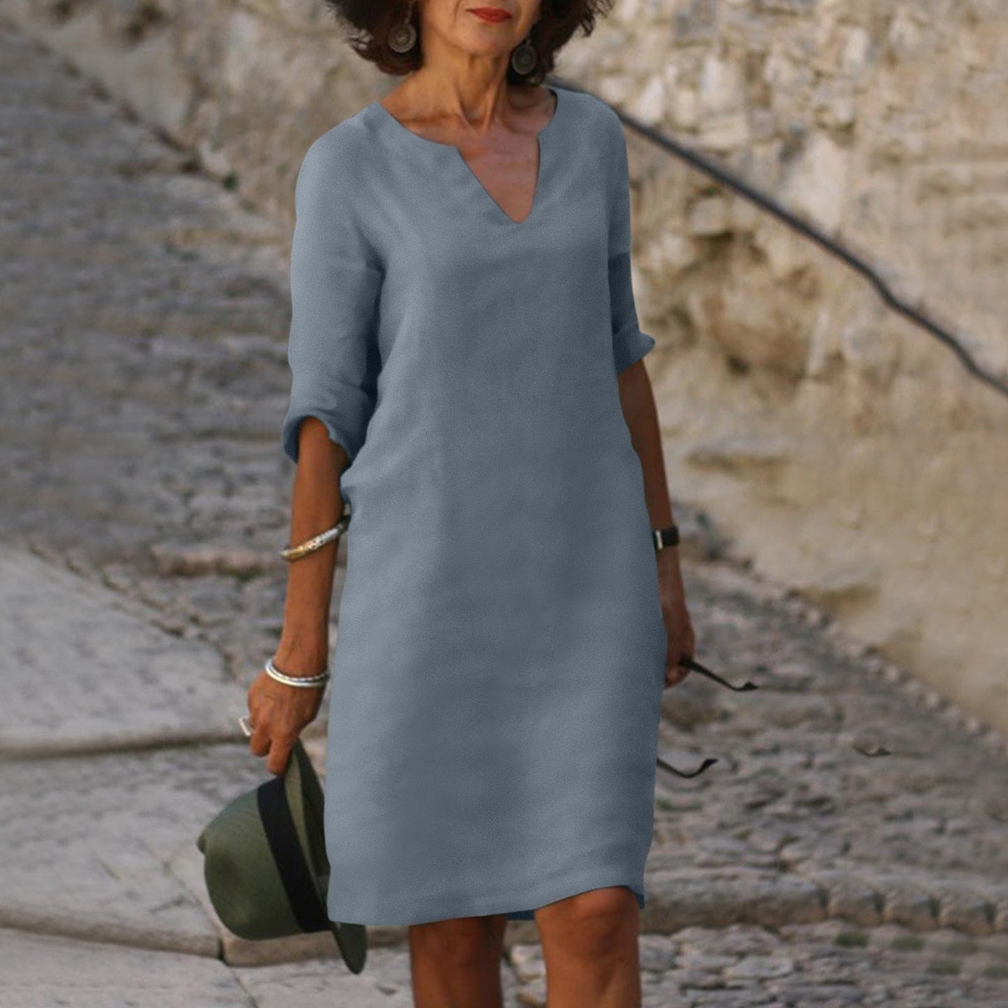 Women's V-Neck Short Sleeve Cotton Midi Dress – Casual Everyday Summer Dress