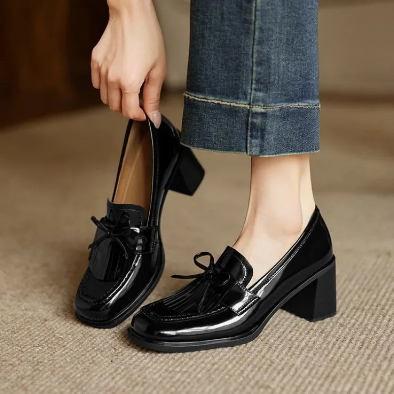 Patent Leather Tassel Loafer Pumps – Block Heel Round Toe