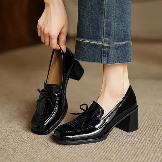 Patent Leather Tassel Loafer Pumps – Block Heel Round Toe