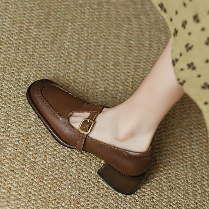 Leather T-Strap Mary Jane Heels – Square Toe Block Heel Buckle