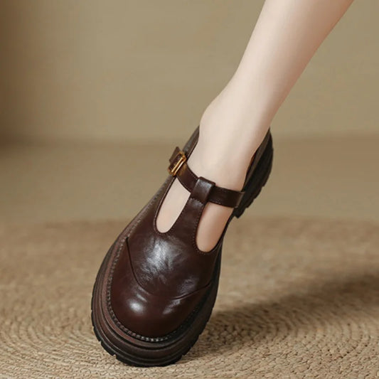 Leather T-Bar Platform Mary Jane Shoes – Round Toe Vintage Style