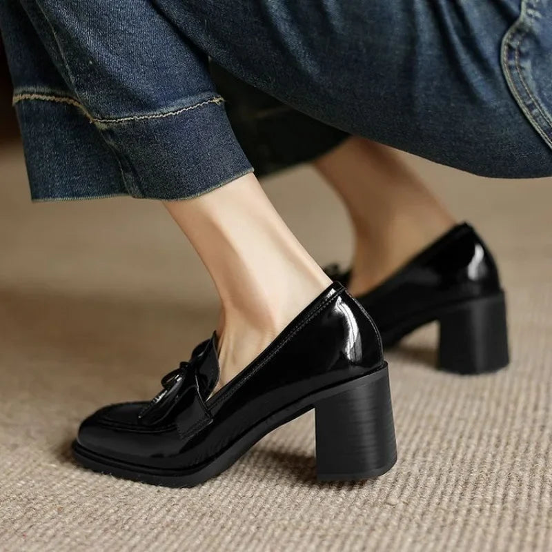 Patent Leather Tassel Loafer Pumps – Block Heel Round Toe