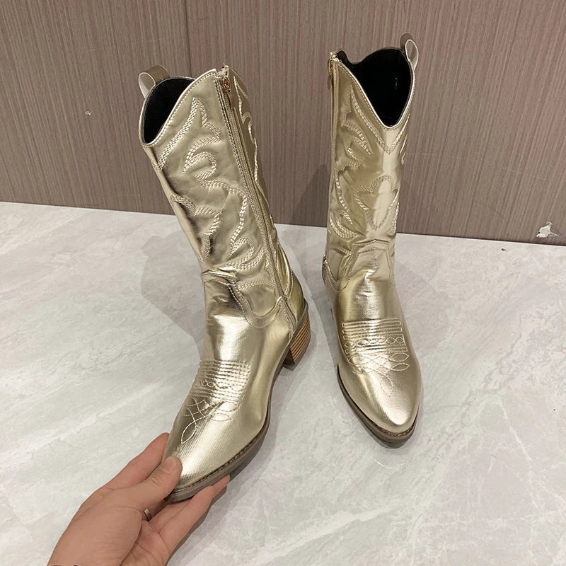 Embroidered Western Cowboy Boots – Mid-Calf Pointed Toe Block Heel