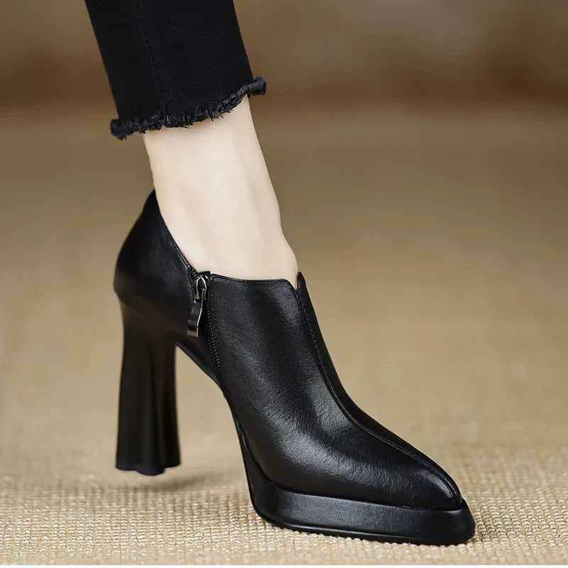 Leather Platform Block Heel Pumps – Pointed Toe Side Zip