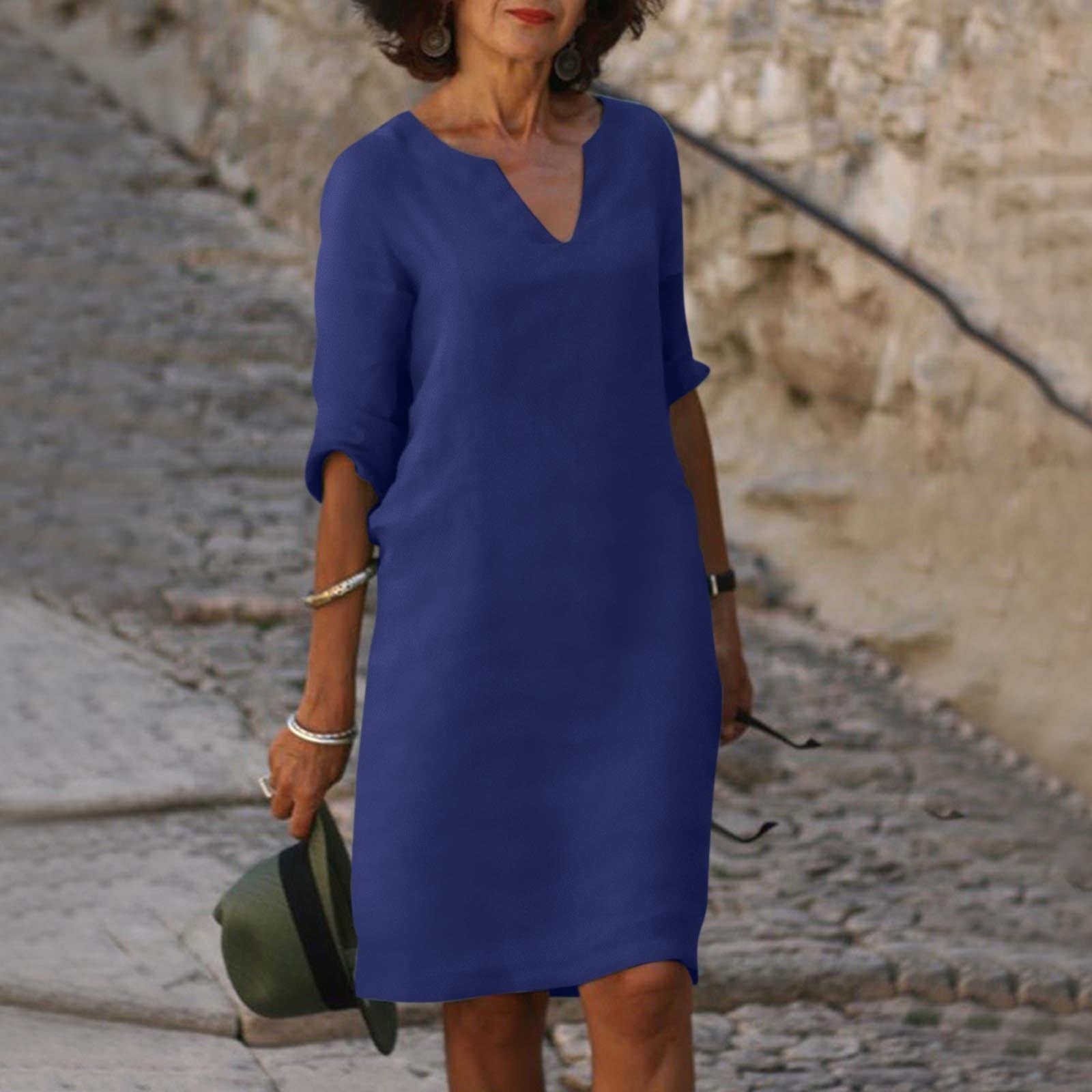 Women's V-Neck Short Sleeve Cotton Midi Dress – Casual Everyday Summer Dress