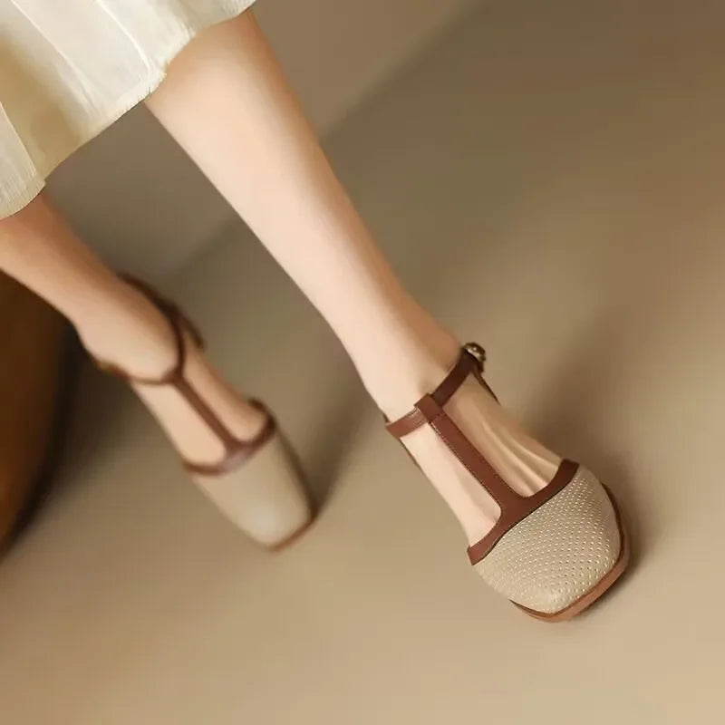 T-Strap Block Heel Pumps – Square Toe Two-Tone Mid Heel