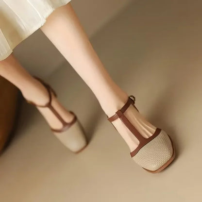 T-Strap Block Heel Pumps – Square Toe Two-Tone Mid Heel