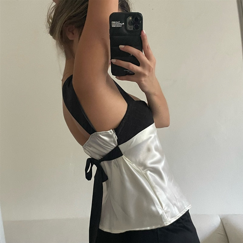 Satin Backless Crop Top – Two-Tone Plunge Neck Tie-Back