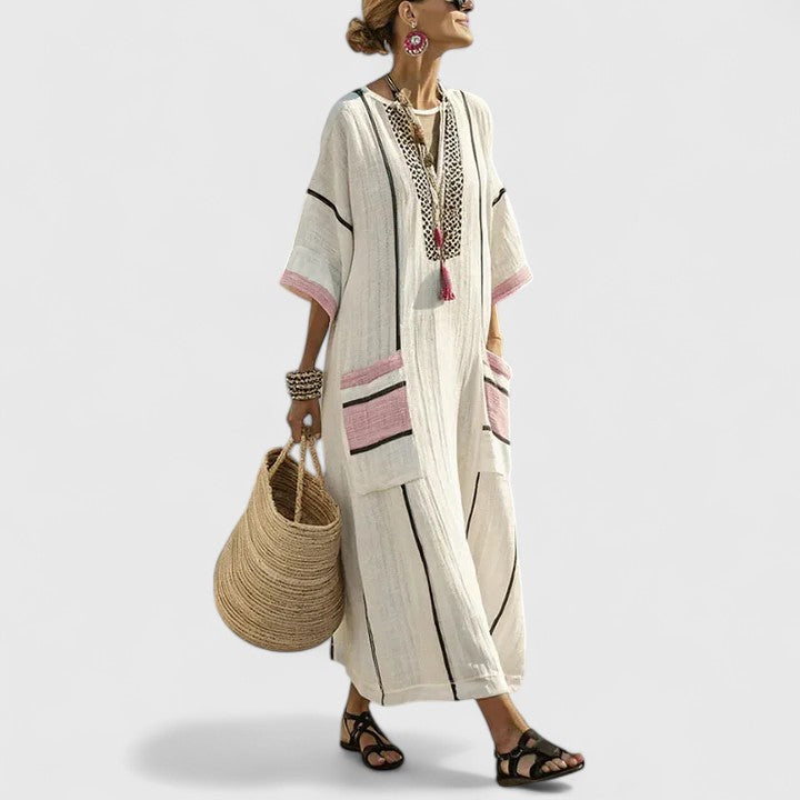 Linen Boho Maxi Dress – V-Neck 3/4 Sleeve with Pockets