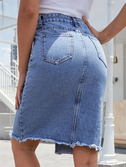 High-Waisted Denim Midi Skirt – Front Slit Raw Hem Jean Skirt
