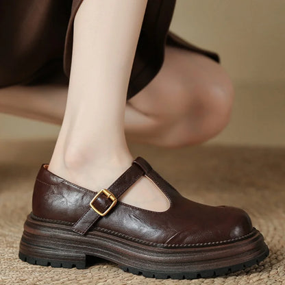 Leather T-Bar Platform Mary Jane Shoes – Round Toe Vintage Style