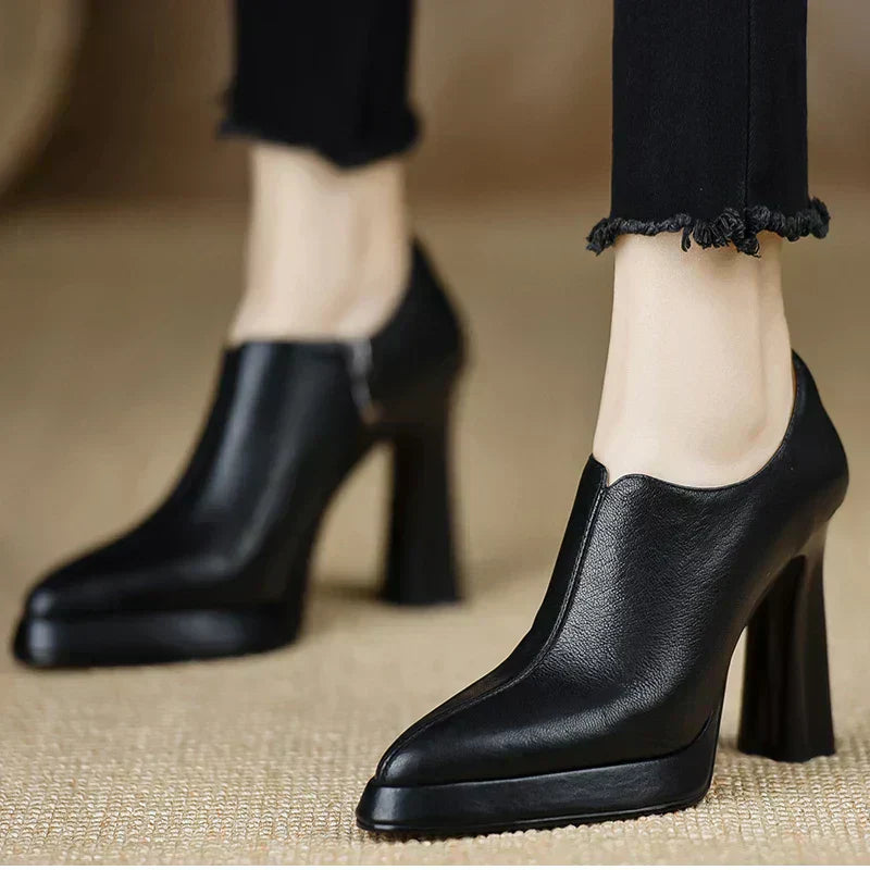 Leather Platform Block Heel Pumps – Pointed Toe Side Zip