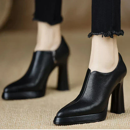 Leather Platform Block Heel Pumps – Pointed Toe Side Zip