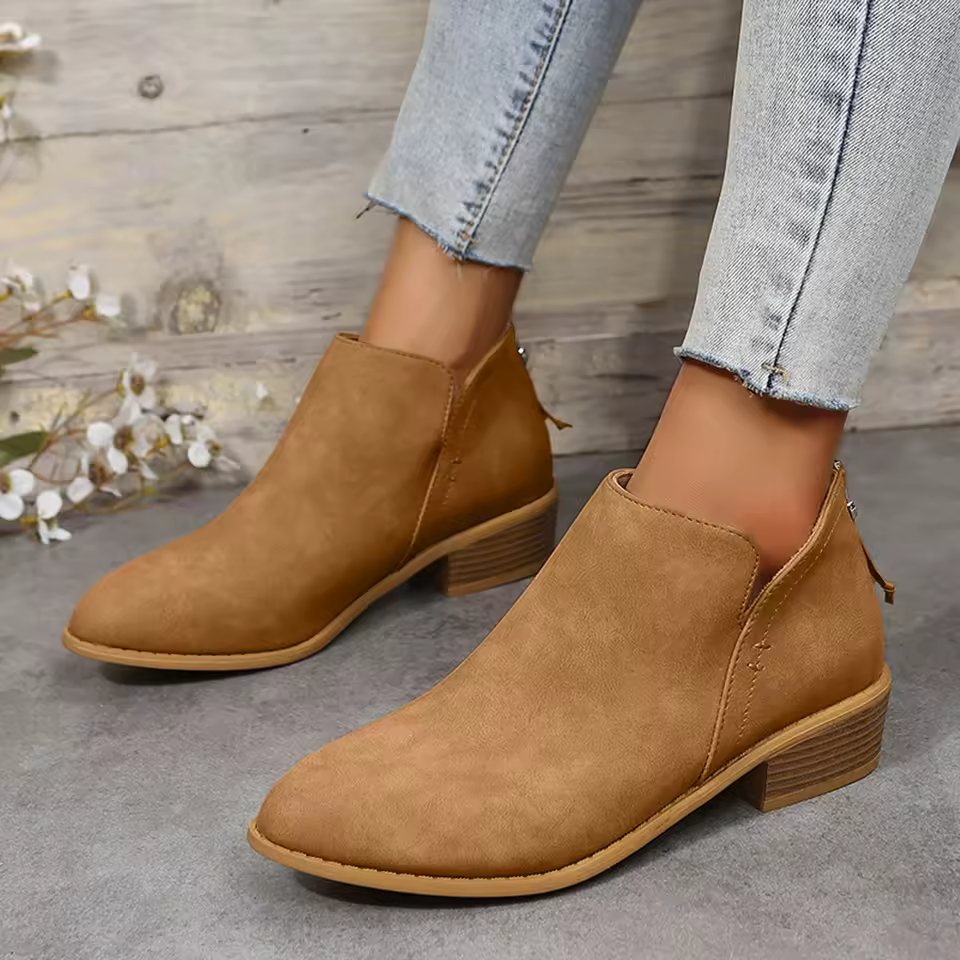 Pointed Toe Ankle Boots Block Heel – V-Cutout Back Zip Booties
