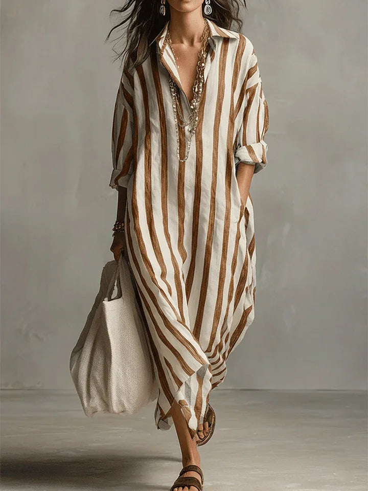Striped Linen Maxi Shirt Dress – Loose Fit Long Sleeve Casual
