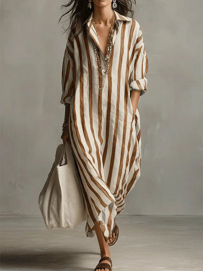 Striped Linen Maxi Shirt Dress – Loose Fit Long Sleeve Casual