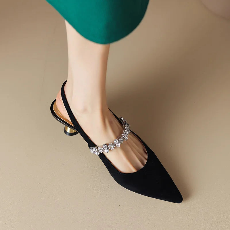Rhinestone Slingback Heels – Pointed Toe Crystal Strap Pumps