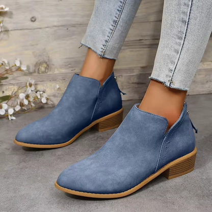 Pointed Toe Ankle Boots Block Heel – V-Cutout Back Zip Booties