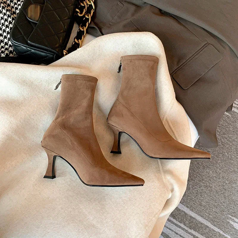 Pointed Toe Sock Ankle Boots – Suede Stiletto Heel Booties