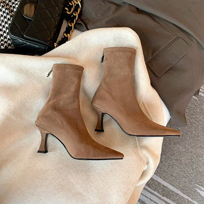 Pointed Toe Sock Ankle Boots – Suede Stiletto Heel Booties
