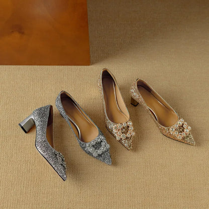 Glitter Block Heel Pumps – Pointed Toe Rhinestone Party Heels