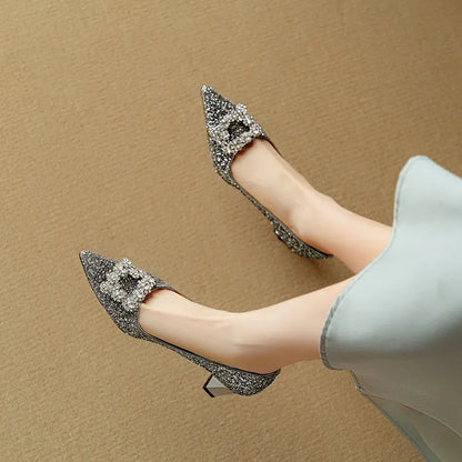 Glitter Block Heel Pumps – Pointed Toe Rhinestone Party Heels