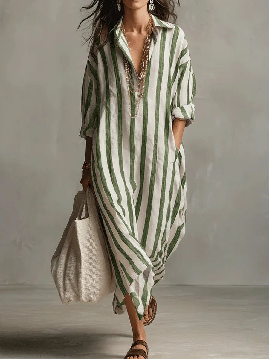 Striped Linen Maxi Shirt Dress – Loose Fit Long Sleeve Casual