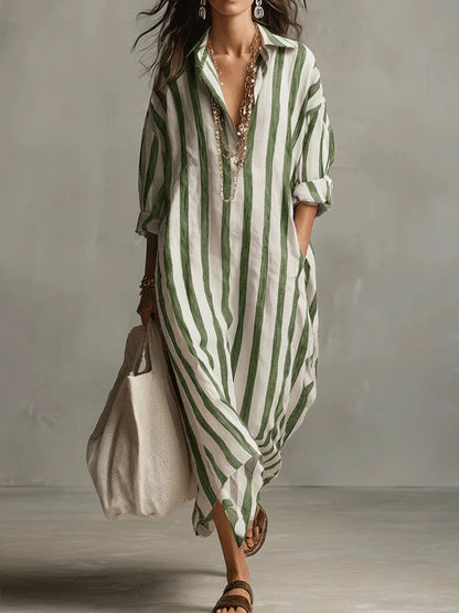 Striped Linen Maxi Shirt Dress – Loose Fit Long Sleeve Casual