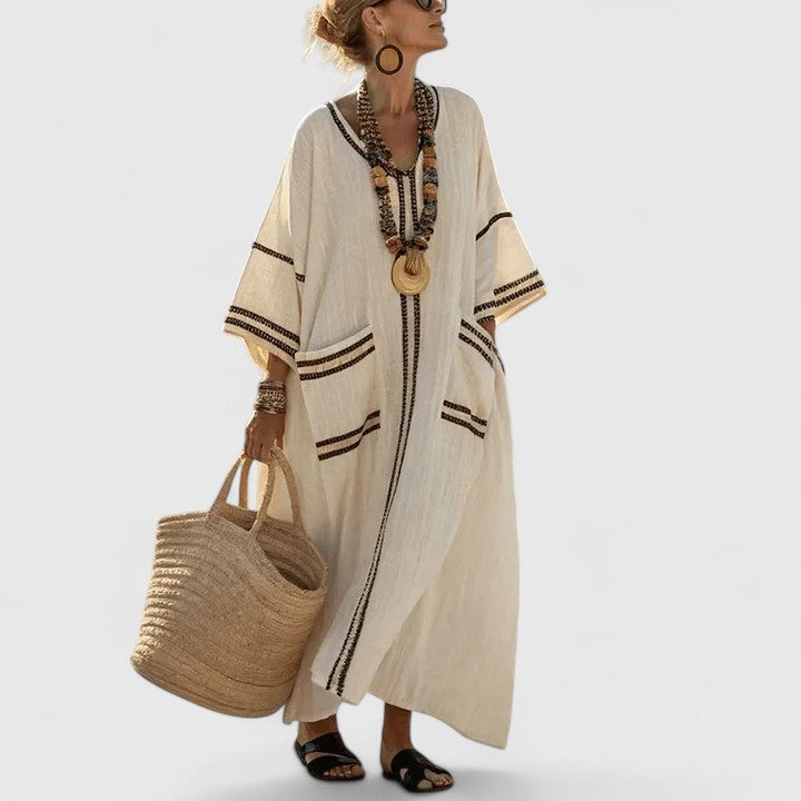 Linen Boho Maxi Dress – V-Neck 3/4 Sleeve with Pockets