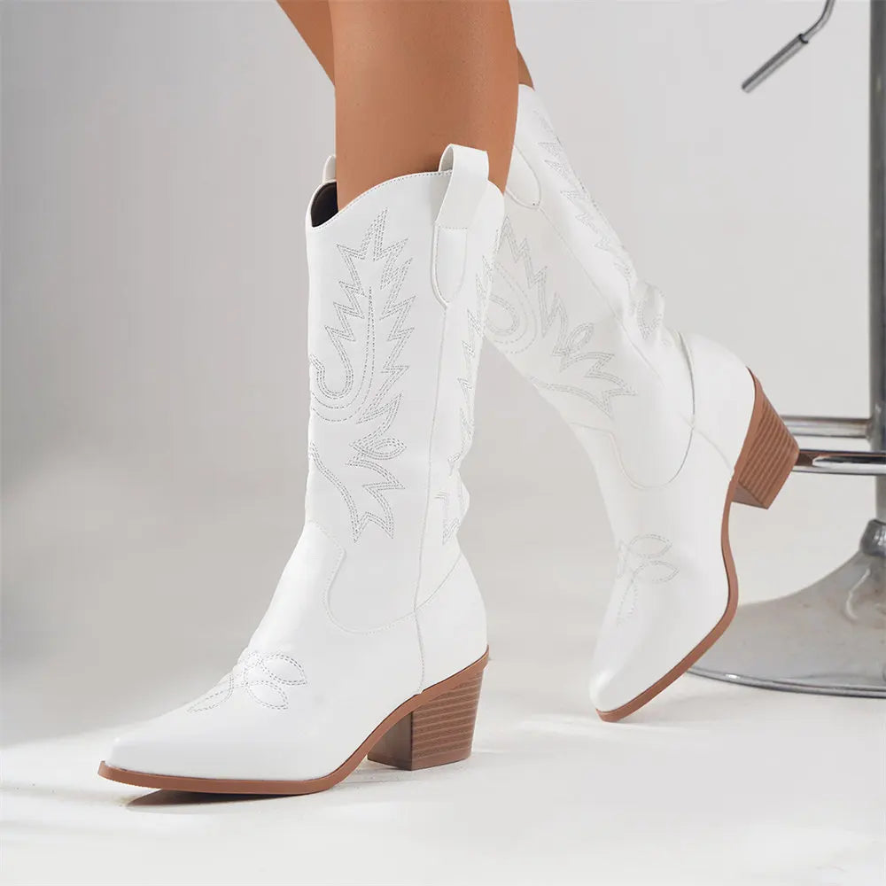 Embroidered Western Cowboy Boots – Mid-Calf Pointed Toe Block Heel
