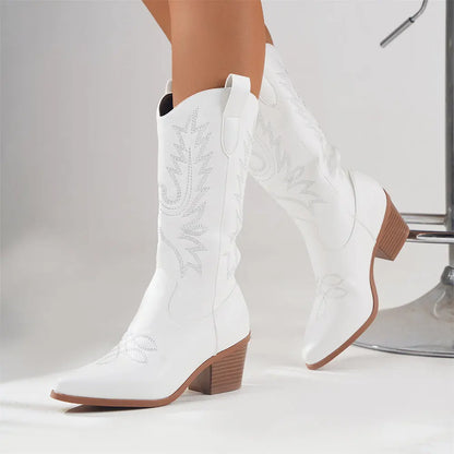 Embroidered Western Cowboy Boots – Mid-Calf Pointed Toe Block Heel