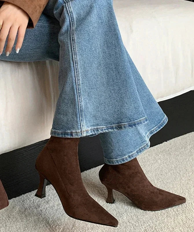 Pointed Toe Sock Ankle Boots – Suede Stiletto Heel Booties