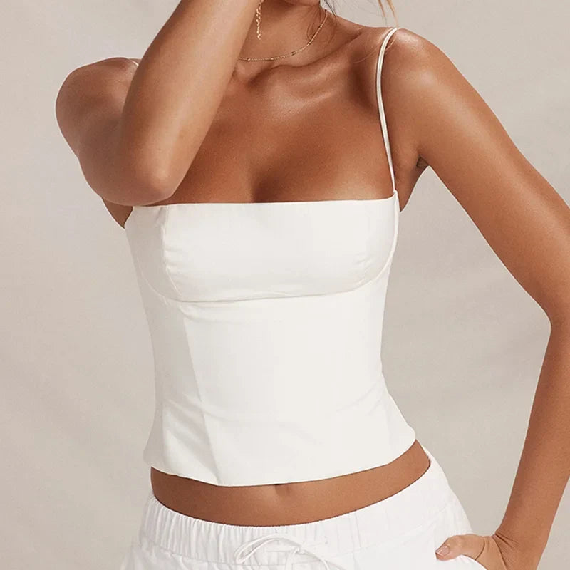 Bustier Crop Top – Spaghetti Strap Square Neck White Cami