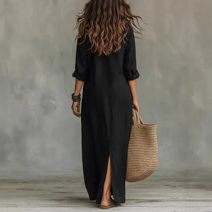 Cotton Linen Maxi Shirt Dress – Loose Fit Button-Front Boho Dress